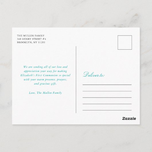 Blauwgroen Bloemenkruis Eerste Heilige Communie Da Briefkaart (Achterkant)