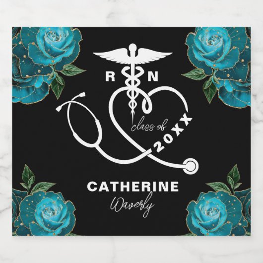 Blauwgroen bloemenverpleegschool sparkling wijnetiket (Enkel label)