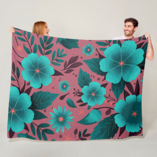 Blauwgroen bloemmotief op kastanjebruine achtergro fleece deken