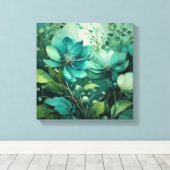 Blauwgroen bloesems: minimalistische boho-eleganti canvas afdruk (Insitu (Houten vloer))