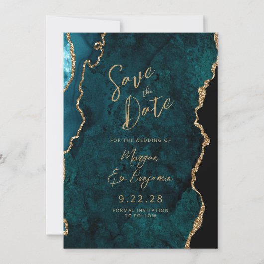 Blauwgroen Blue Agate Script Wedding Sla de datum  Kaart (Voorkant)