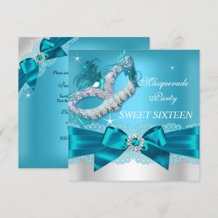Blauwgroen Blue Bow Masquerade Sweet Sixteen Invit Kaart