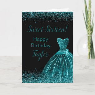 Blauwgroen Blue Dress Faux Glitter Sweet 16 Birthd Kaart