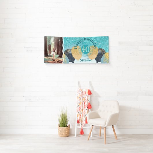 Blauwgroen Blue Glitter 40e verjaardag & ballonnen Spandoek (Insitu)