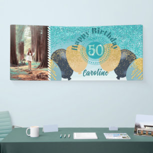 Blauwgroen Blue Glitter 50e verjaardag & ballonnen Spandoek