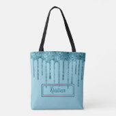 Blauwgroen Blue Glitter Drips op Sky Blue Canvas t Draagtas (Achterkant)