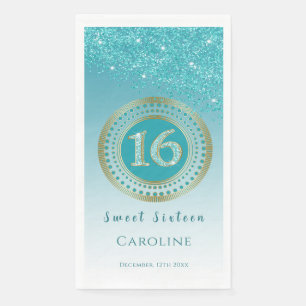 Blauwgroen Blue Glitter & Gold Sweet 16 Monogramme Servet