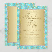 Blauwgroen Blue Gold 50e verjaardagsfeestuitnodigi Kaart (Voorkant / Achterkant)