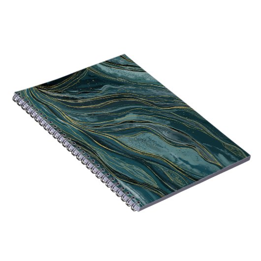 Blauwgroen Blue Gold Abstracte Waterverf Waves Notitieboek (Rechterzijde)