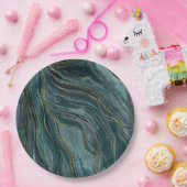 Blauwgroen Blue Gold Abstracte Waterverf Waves Papieren Bordje (Feest)