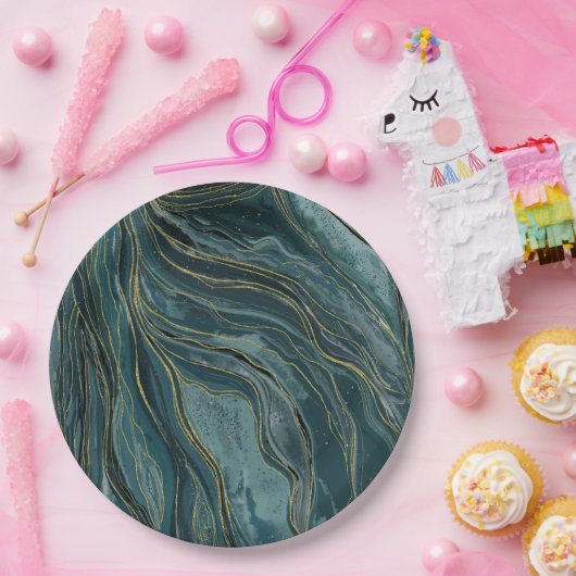 Blauwgroen Blue Gold Abstracte Waterverf Waves Papieren Bordje (Feest)