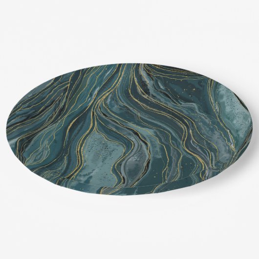 Blauwgroen Blue Gold Abstracte Waterverf Waves Papieren Bordje (Gekanteld)