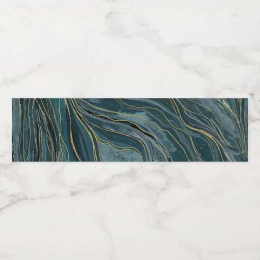 Blauwgroen Blue Gold Abstracte Waterverf Waves Waterfles Etiket (Enkel label)