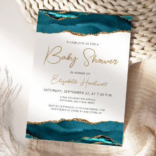Blauwgroen Blue Gold Agaat Baby shower Invitation