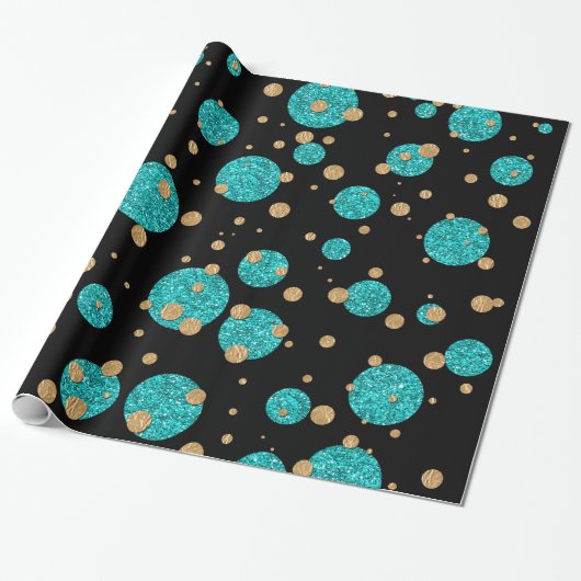 Blauwgroen Blue Gold Confetti Dot Cadeaupapier (Uitgerold)