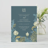 Blauwgroen Blue Gold Floral Weddenschap Kaart (Staand voorkant)