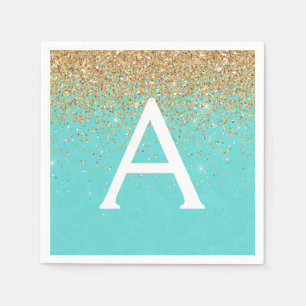 Blauwgroen Blue Gold Glitter & Sparkle Monogram Ve Servet