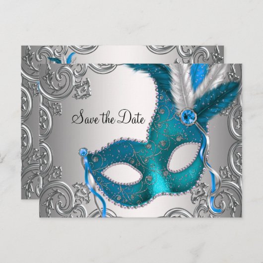 Blauwgroen Blue Masquerade Bewaar de datum Aankondigingskaart (Voorkant / Achterkant)