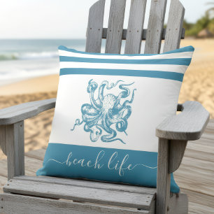 Blauwgroen Blue Octopus Beach Life Script Eenvoudi Buitenkussen