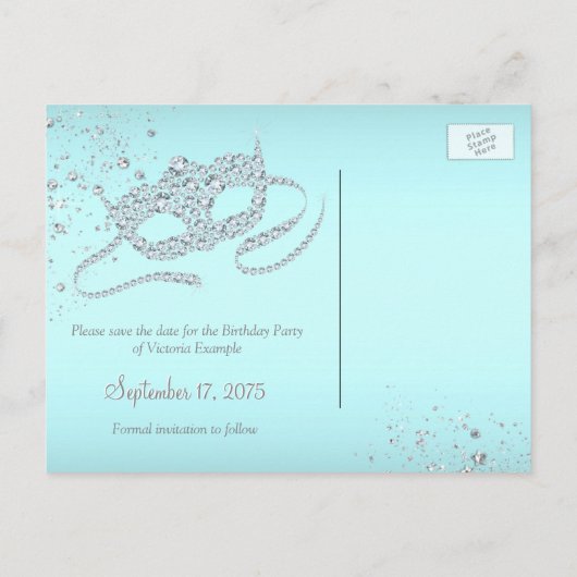 Blauwgroen Blue Paris Masquerade Party Bewaar de d Aankondigingskaart (Achterkant)