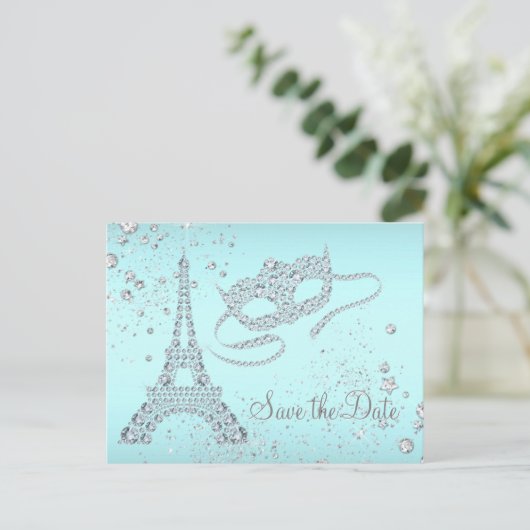 Blauwgroen Blue Paris Masquerade Party Bewaar de d Aankondigingskaart (Staand voorkant)