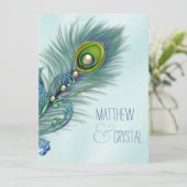 Blauwgroen Blue Peacock bruiloft Kaart (Staand voorkant)