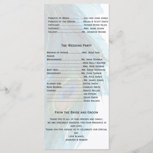Blauwgroen Blue Peacock Plume Wedding Programma (Achterkant)