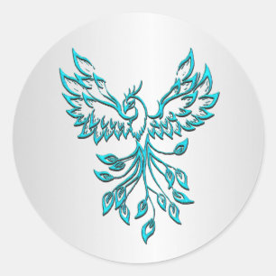 Blauwgroen Blue Phoenix op Zilver Ronde Sticker