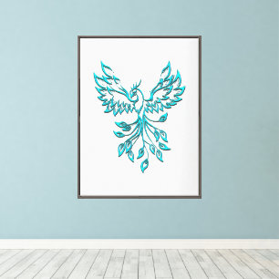 Blauwgroen Blue Phoenix stijgt op Zilver Canvas Afdruk