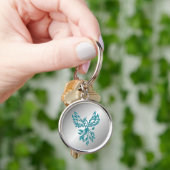 Blauwgroen Blue Phoenix stijgt op zilver Sleutelhanger (Hand)