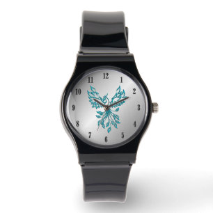 Blauwgroen Blue Phoenix stijgt op zilveren zwarte  Horloge