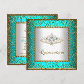 Blauwgroen Blue Quinceanera Gold Tiara Kaart (Voorkant / Achterkant)