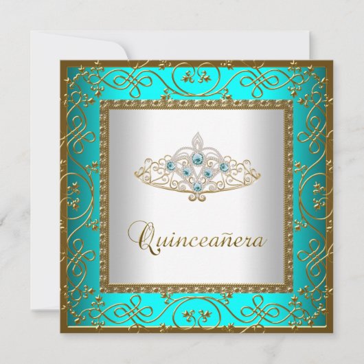 Blauwgroen Blue Quinceanera Gold Tiara Kaart (Voorkant)