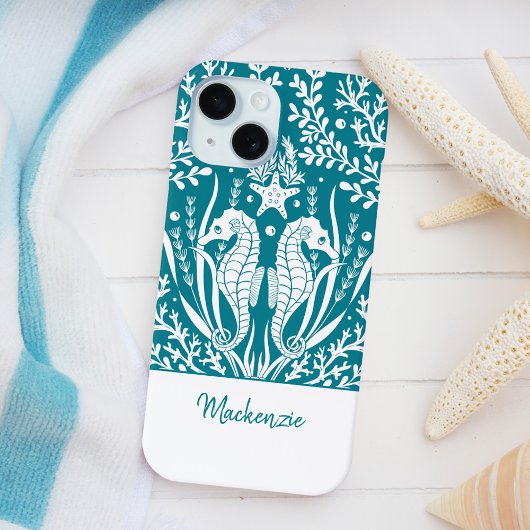Blauwgroen Blue Seahorses gepersonaliseerd Case-Mate iPhone Case