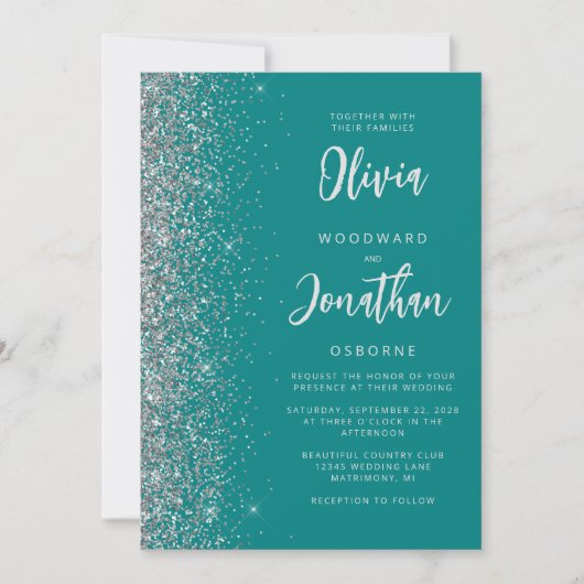 Blauwgroen Blue Silver Glitter Calligrafie Wedding Kaart (Voorkant)