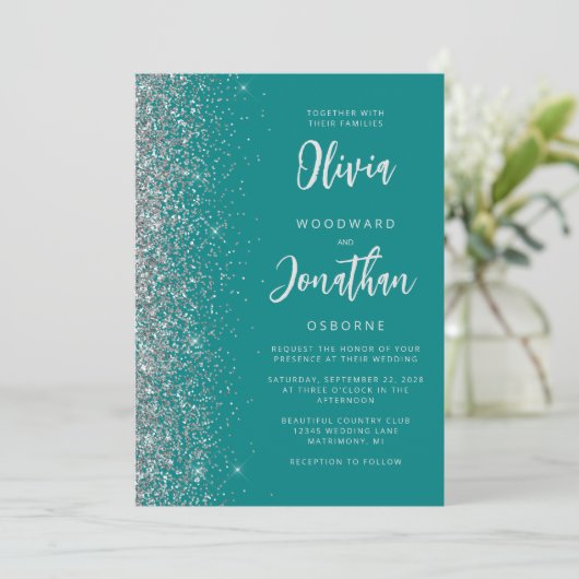 Blauwgroen Blue Silver Glitter Calligrafie Wedding Kaart (Staand voorkant)