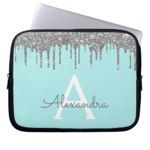 Blauwgroen Blue Silver Glitter Sparkle Monogram Laptop Sleeve
