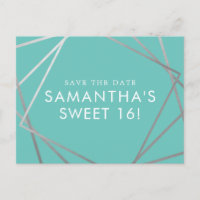 Blauwgroen Blue Silver Modern Sweet 16 Save the Da