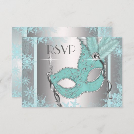 Blauwgroen Blue Snowflake Masquerade Party RSVP (Voorkant / Achterkant)
