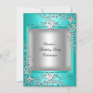 Blauwgroen Blue Turquoise Silver Birthday Party Kaart