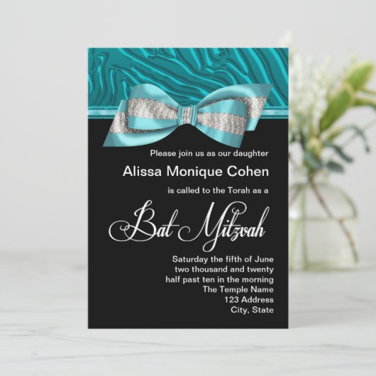 Blauwgroen Blue Zebra Bat Mitswa Uitnodiging (Staand voorkant)