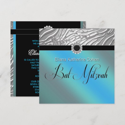 Blauwgroen Blue Zebra Bat Mitzvah Kaart (Voorkant / Achterkant)