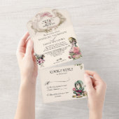Blauwgroen Blush Alice in Wonderland Wedding All In One Uitnodiging (Afscheurbaar)