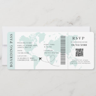 Blauwgroen Boarding Pass Bestemming bruiloft QR-co Kaart