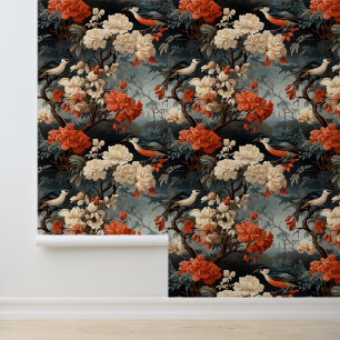 Blauwgroen Boho Birds Georgisch VICTORIAANS Behang