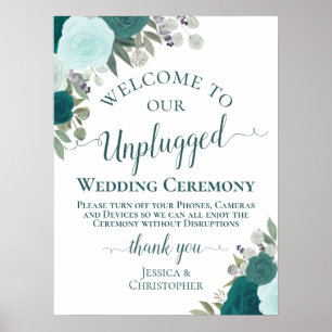 Blauwgroen Boho Chic Floral Unplugged Wedding Cere Poster