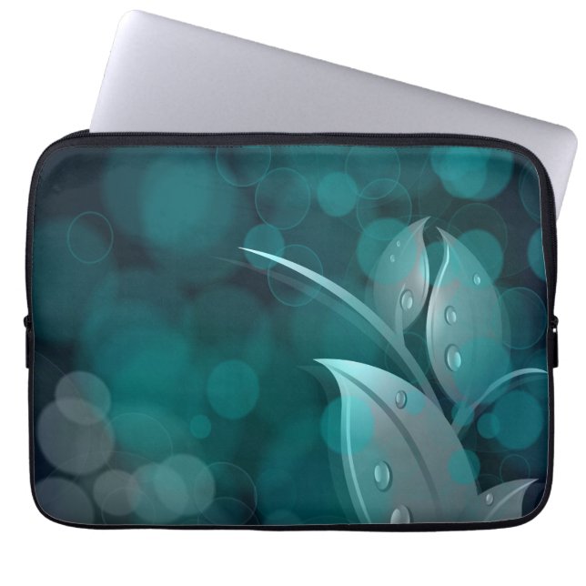 Blauwgroen bokeh bladeren laptop sleeve (Voorkant)