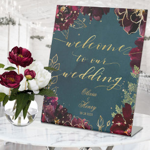Blauwgroen Bordeaux Jewel Tones Welkom bruiloft 2 Reclamebord Met Voetstuk