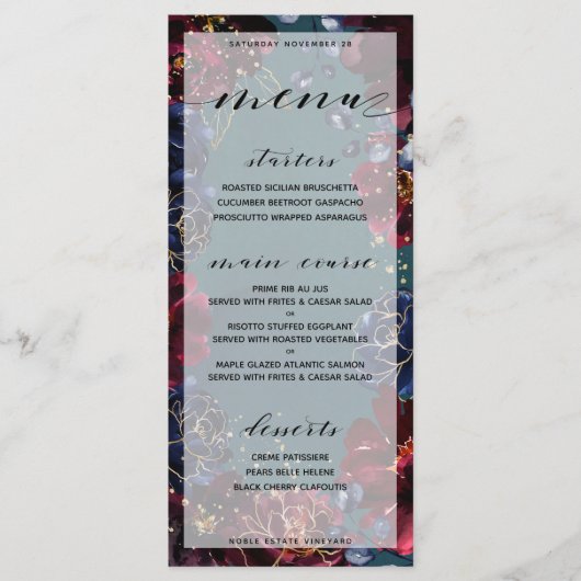 Blauwgroen Bordeaux Sapphire Jewel Tone Wedding 2 Menu (Voorkant)