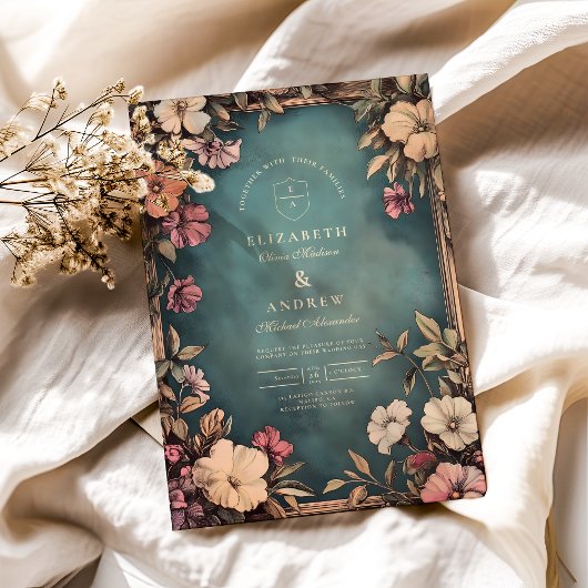  Blauwgroen Botanische Art Nouveau bruiloft Kaart